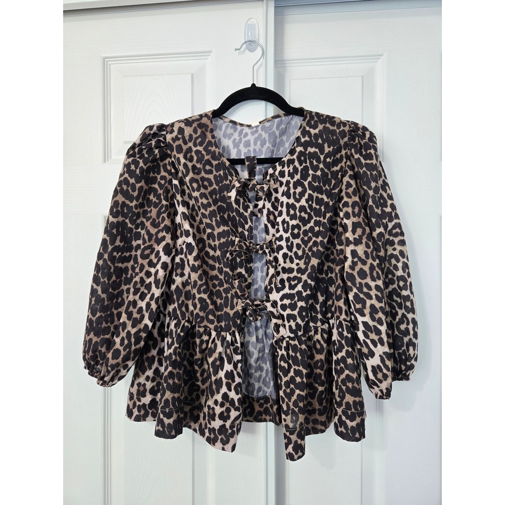 Leopard Print Bow Front Peplum Blouse Puff Sleeve Animal Print Top Small
